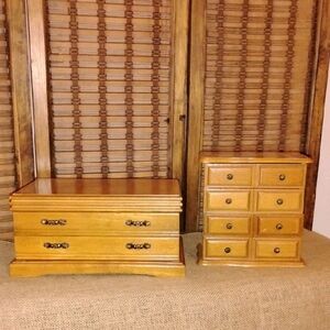 2 Vintage Mixed Set Wood Jewelry Boxes - Honey Oak Finish Red Velvet Interior